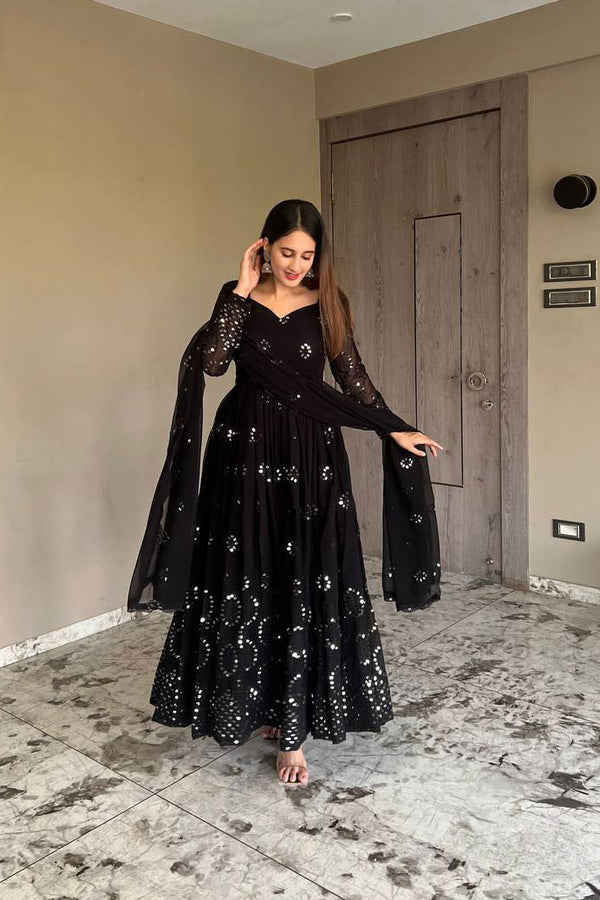 BLACK EMBROIDERED GEORGETTE ANARKALI SUIT SET