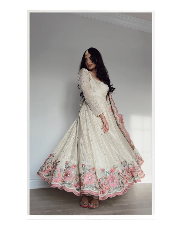 Heavy Pure Cinon Silk Gown -Pent Dupatta Set Fully Stitched Ready To Wear