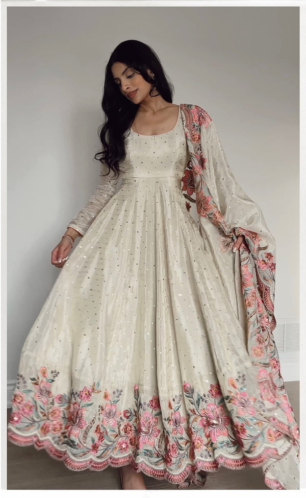 Heavy Pure Cinon Silk Gown -Pent Dupatta Set Fully Stitched Ready To Wear