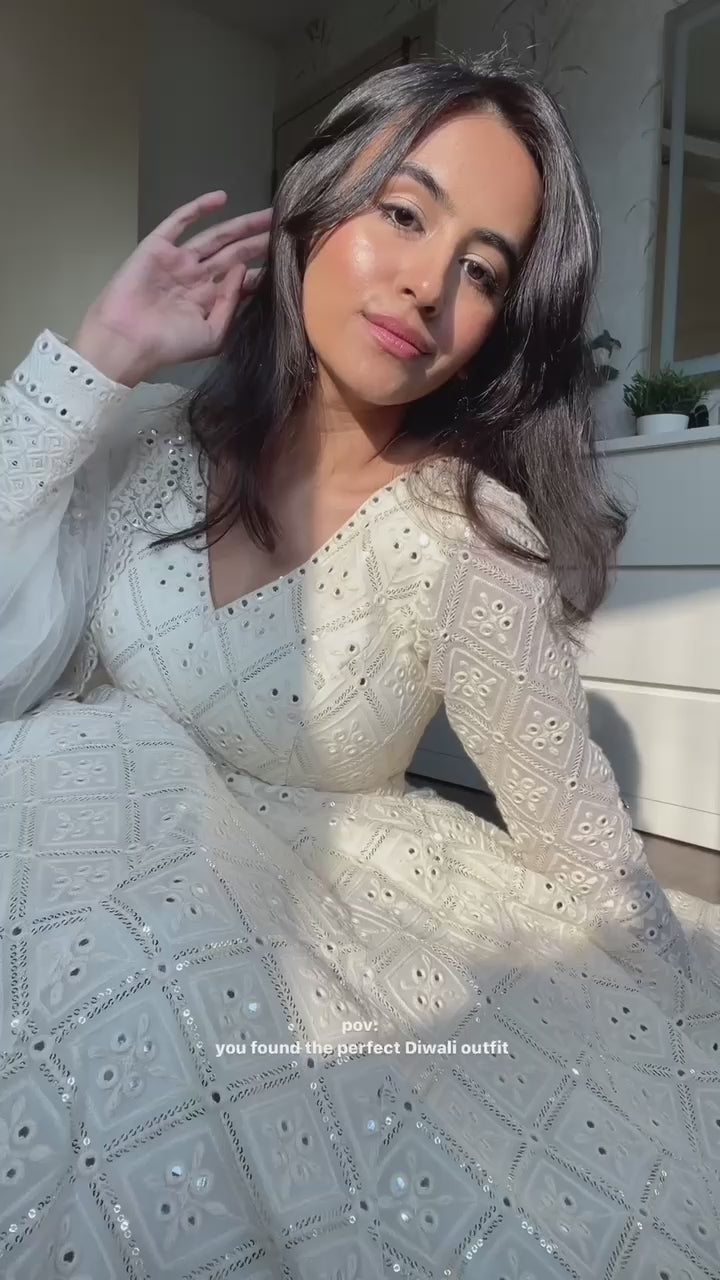 LAKHNAWI EMBROIDERED GEORGETTE ANARKALI FULLY STITCHED SUIT SET WHITE