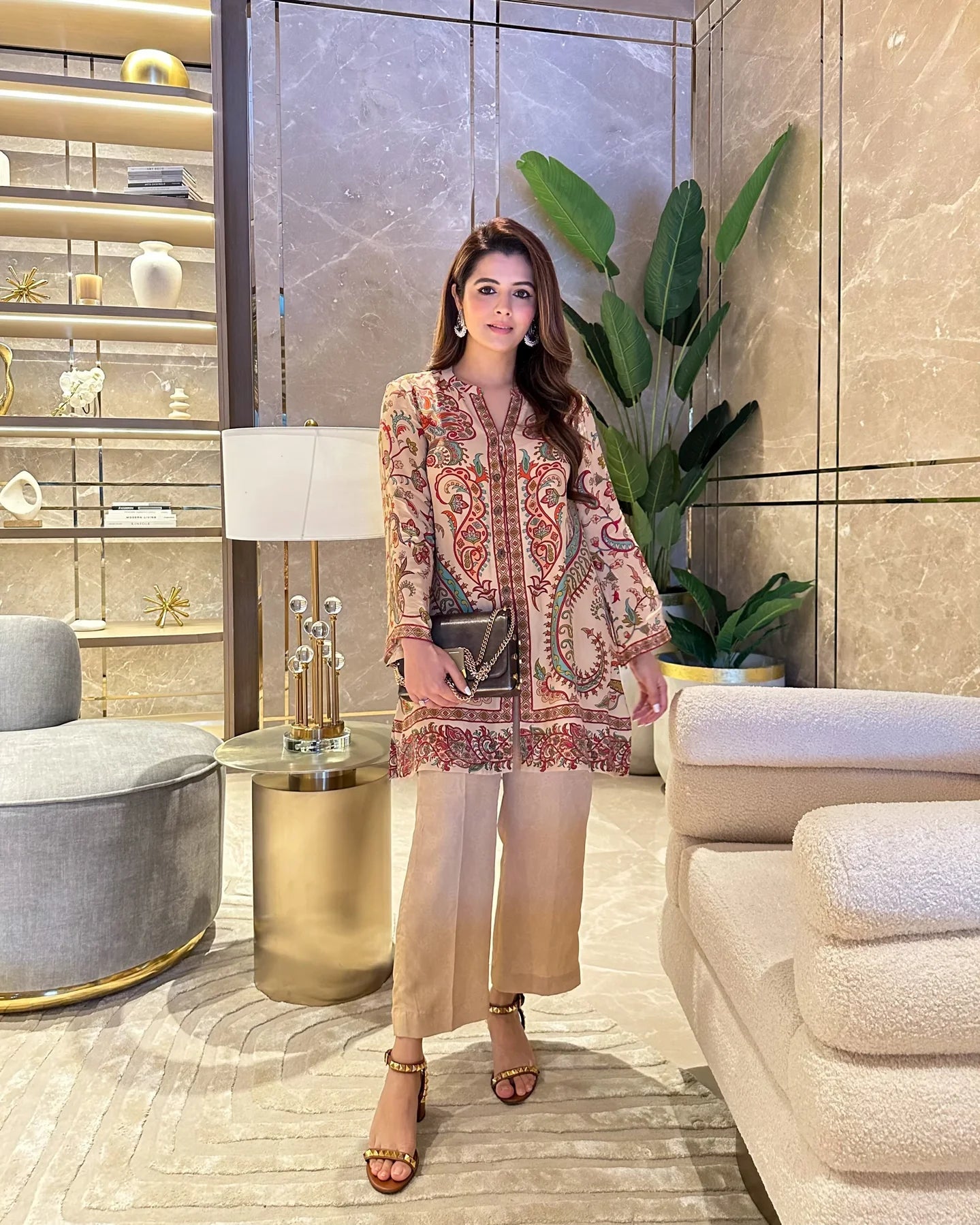 Beige Printed crepe neautiful co-ord set