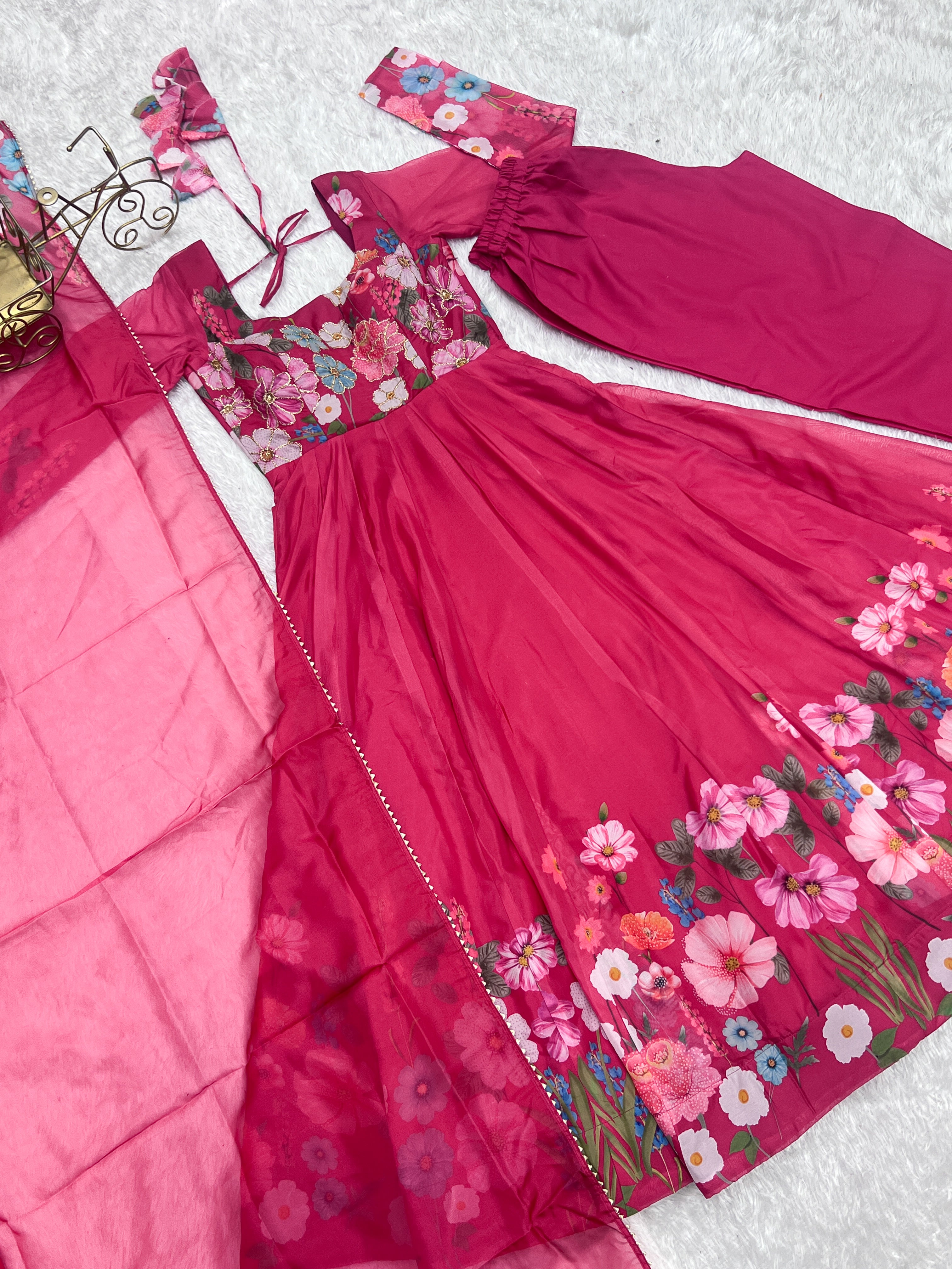 Floral SOFT ORGANJA SILK FABRIC FULLY FLAIR KALI PATTERN AND CANVAS PATTA