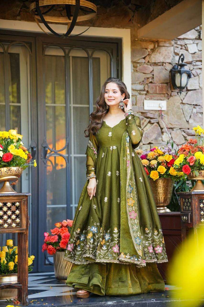 Mehendi Green Floral Embroidered Anarkali Suit