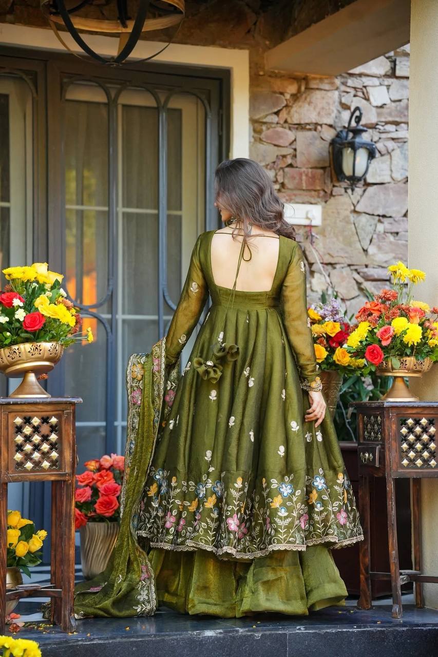 Mehendi Green Floral Embroidered Anarkali Suit