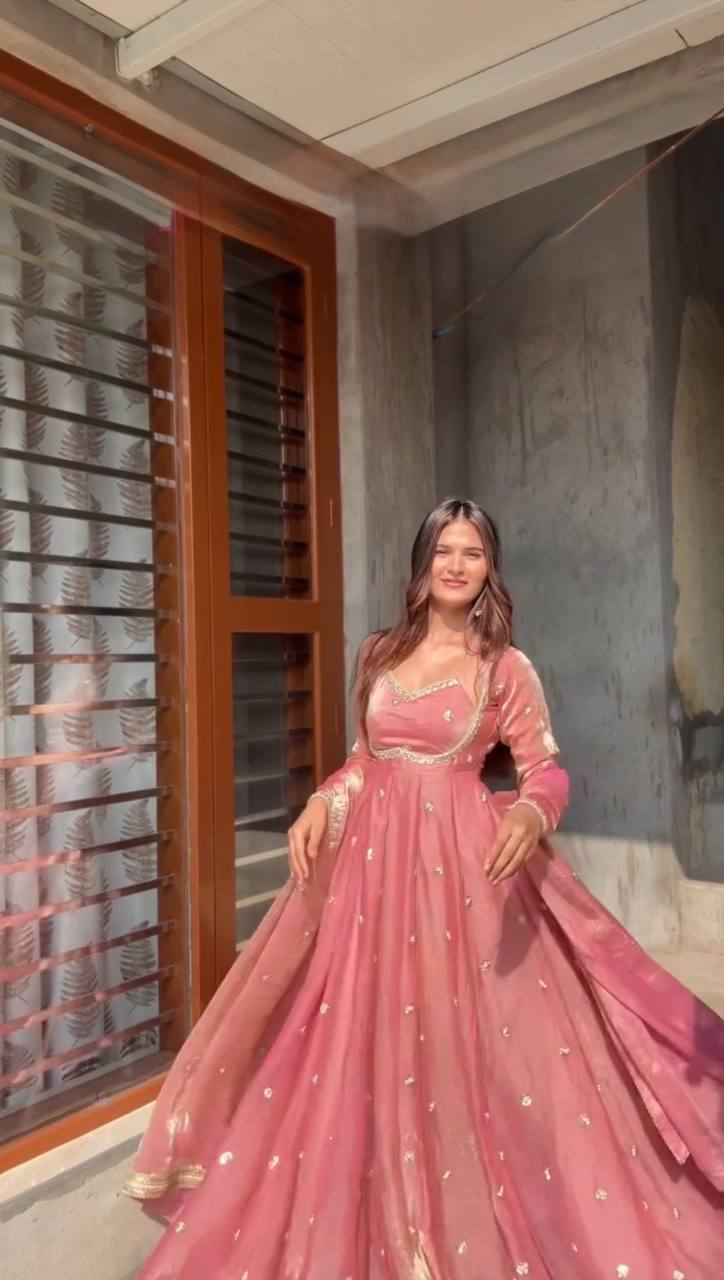 Luxurious Dusty Pink Anarkali Suit with Zari Work