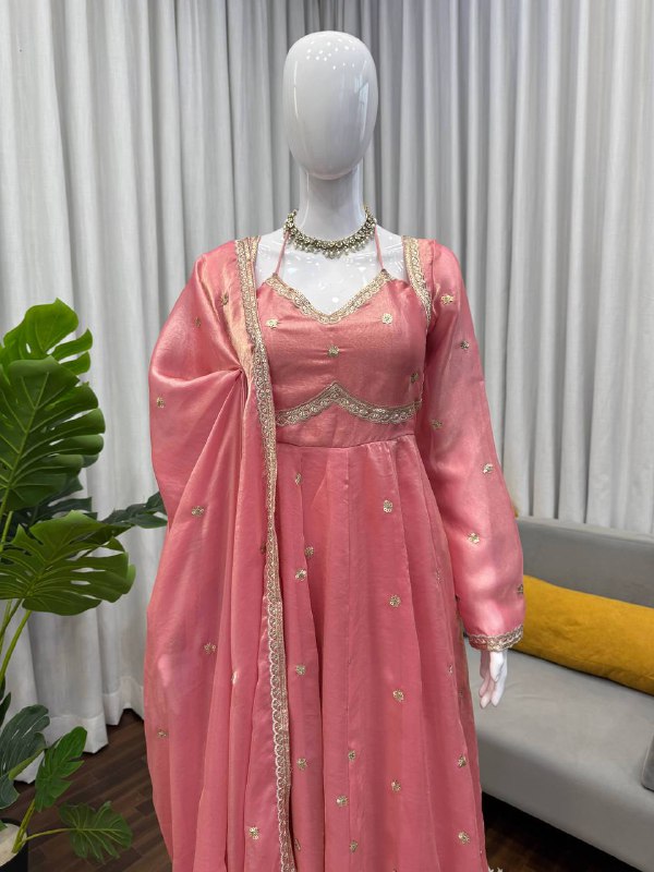 Luxurious Dusty Pink Anarkali Suit with Zari Work
