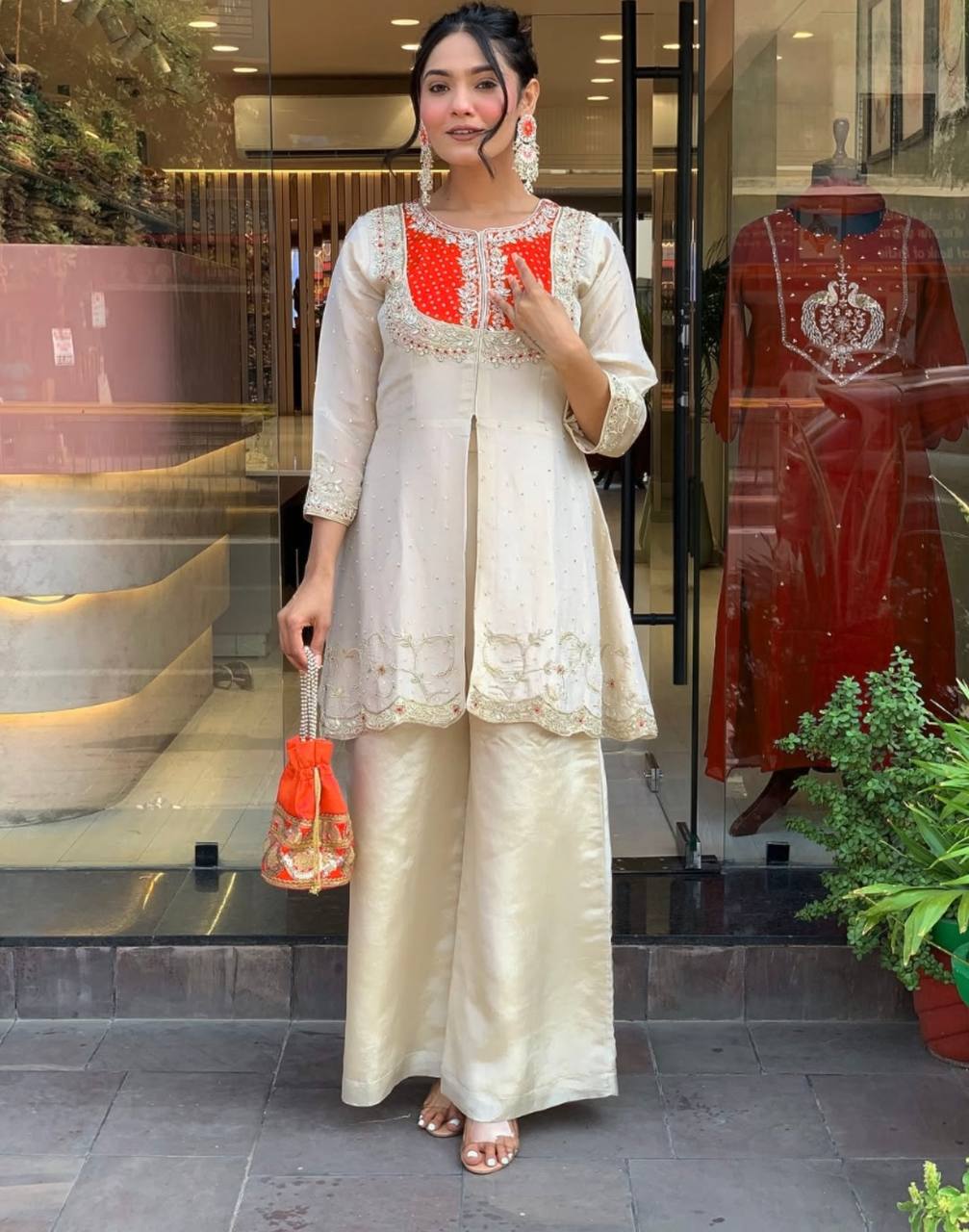 Elegant Off-White Embroidered Kurti with Purple Yoke & Sequin Detailing