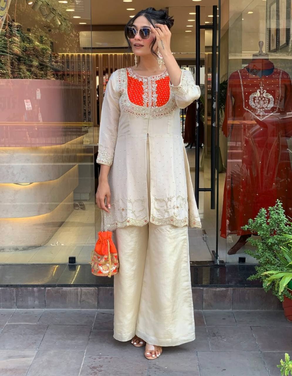 Elegant Off-White Embroidered Kurti with Purple Yoke & Sequin Detailing