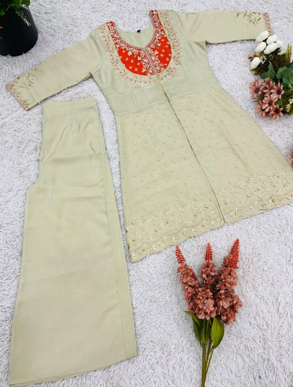 Elegant Off-White Embroidered Kurti with Purple Yoke & Sequin Detailing