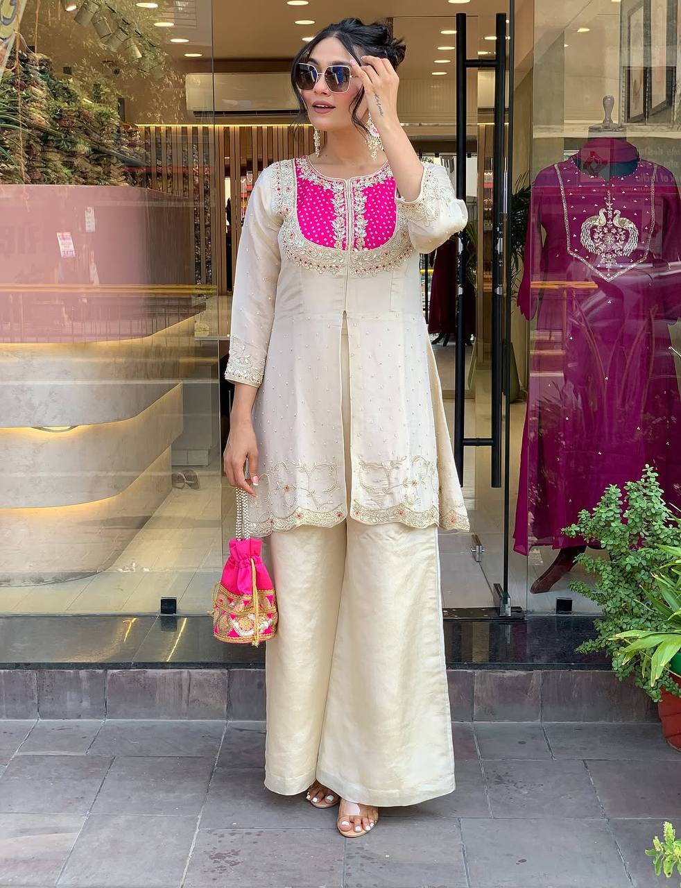 Elegant Off-White Embroidered Kurti with Purple Yoke & Sequin Detailing