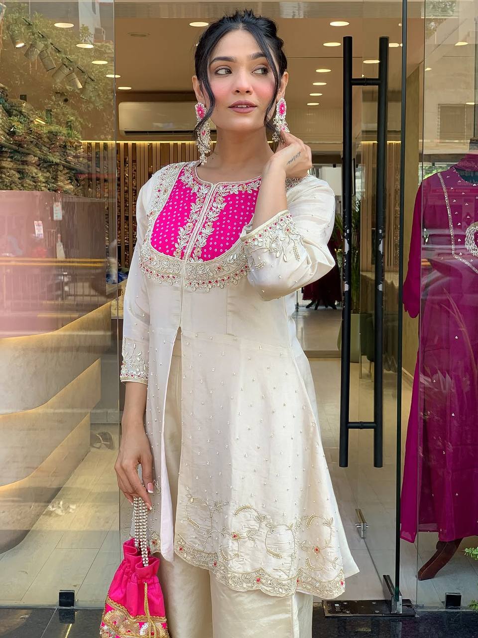 Elegant Off-White Embroidered Kurti with Purple Yoke & Sequin Detailing