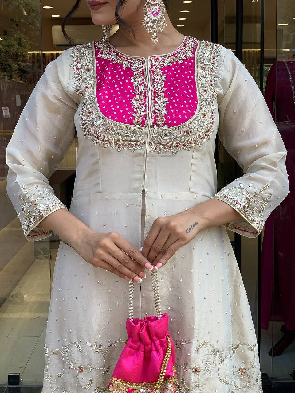 Elegant Off-White Embroidered Kurti with Purple Yoke & Sequin Detailing