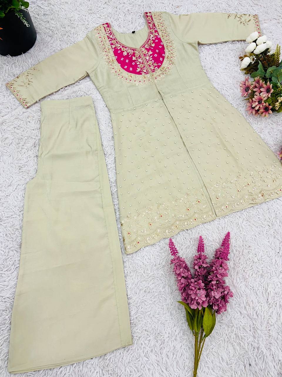 Elegant Off-White Embroidered Kurti with Purple Yoke & Sequin Detailing