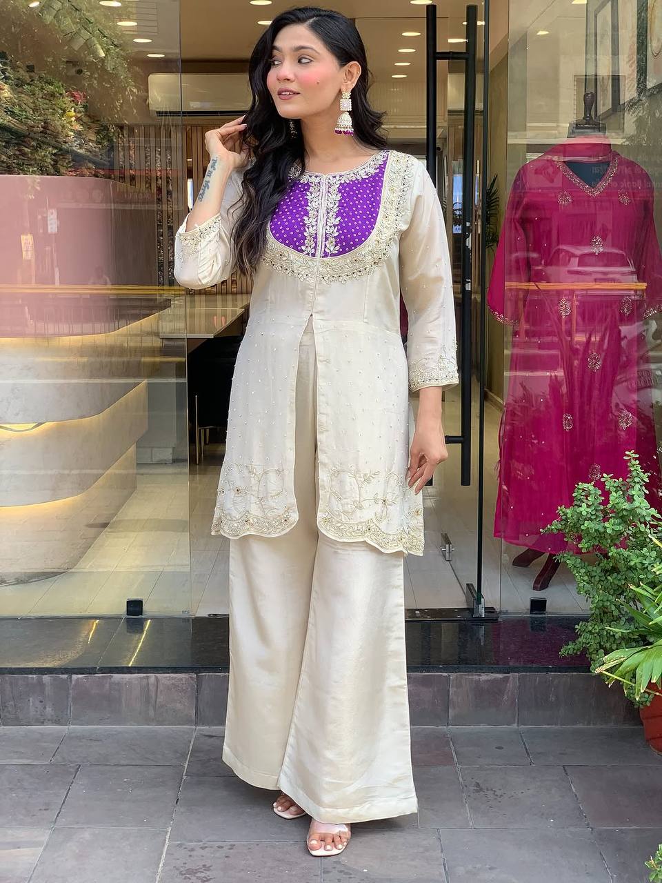 Elegant Off-White Embroidered Kurti with Purple Yoke & Sequin Detailing