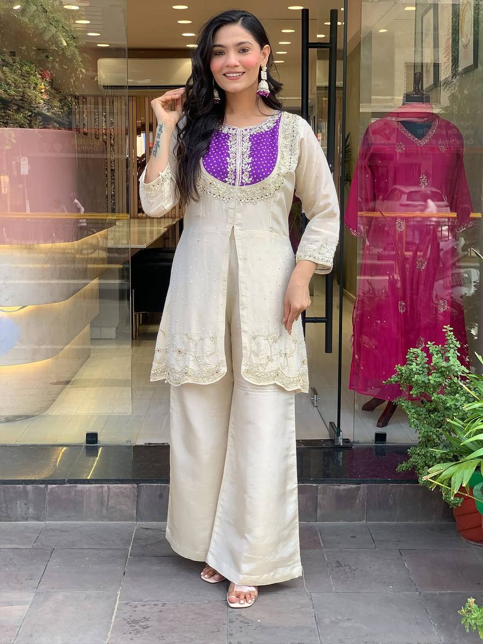 Elegant Off-White Embroidered Kurti with Purple Yoke & Sequin Detailing