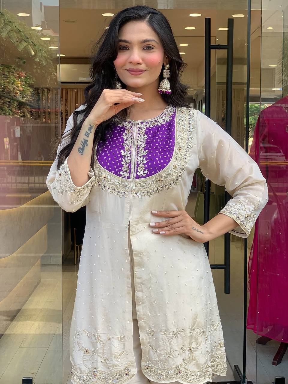 Elegant Off-White Embroidered Kurti with Purple Yoke & Sequin Detailing