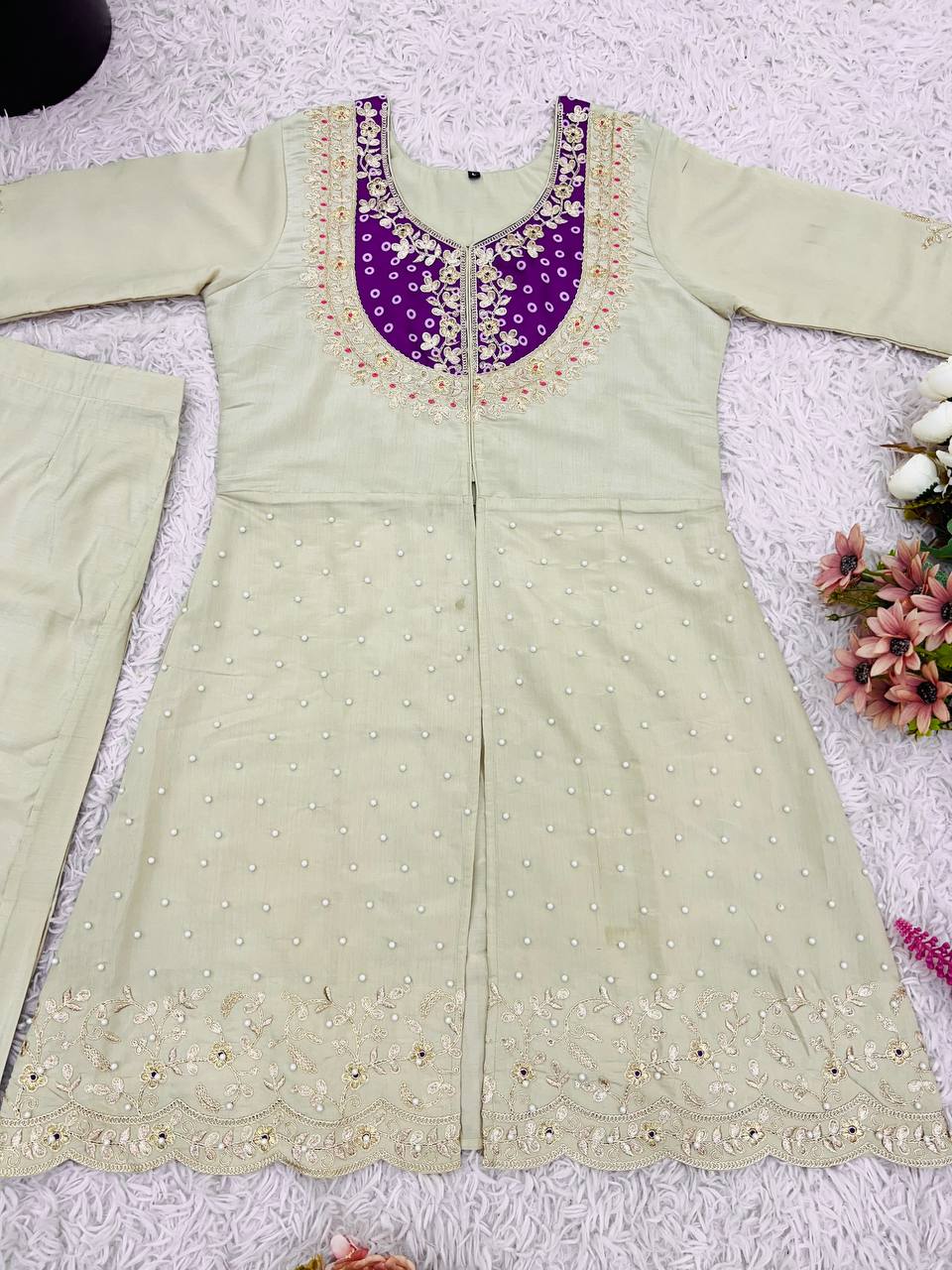 Elegant Off-White Embroidered Kurti with Purple Yoke & Sequin Detailing