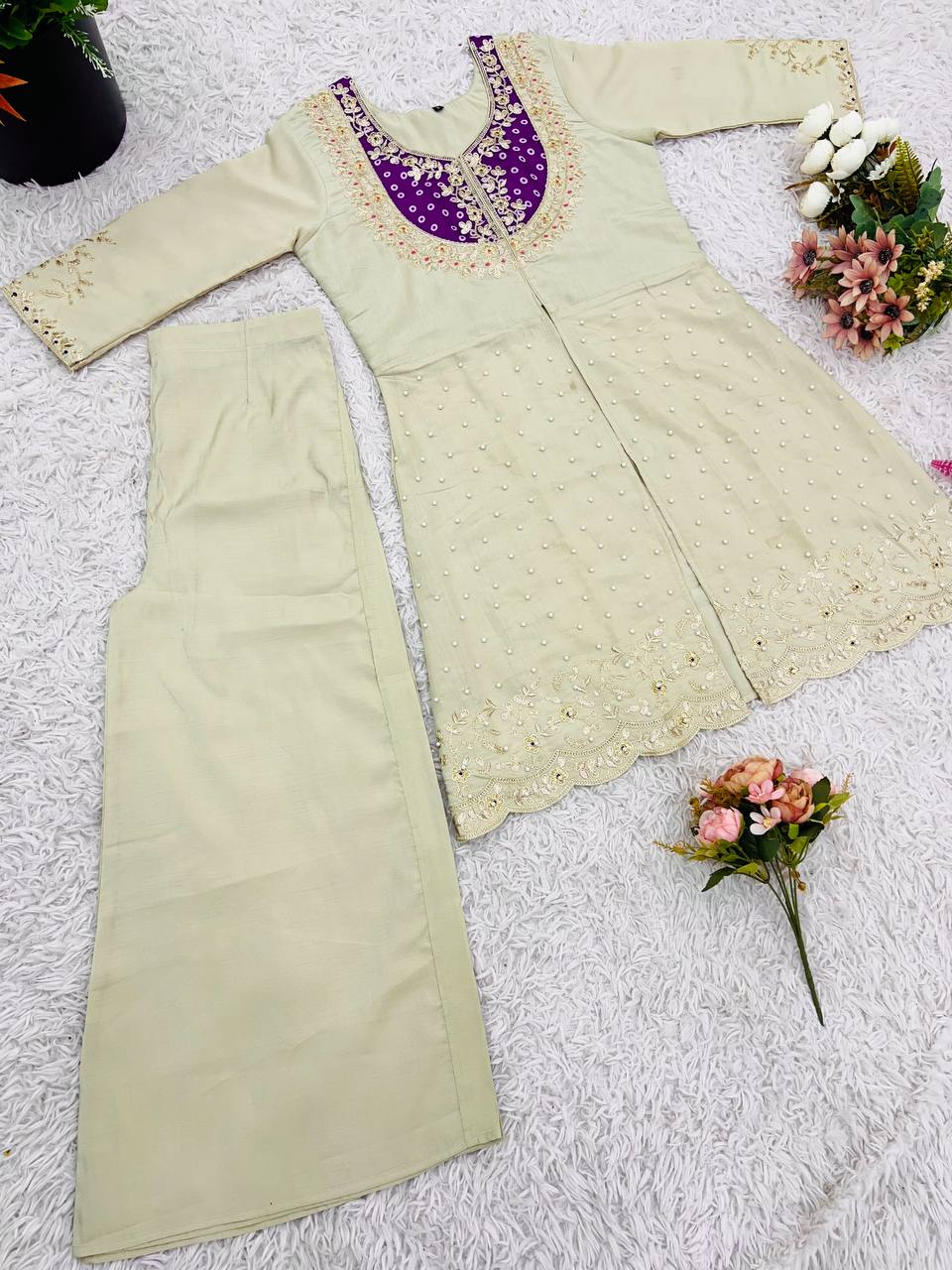 Elegant Off-White Embroidered Kurti with Purple Yoke & Sequin Detailing