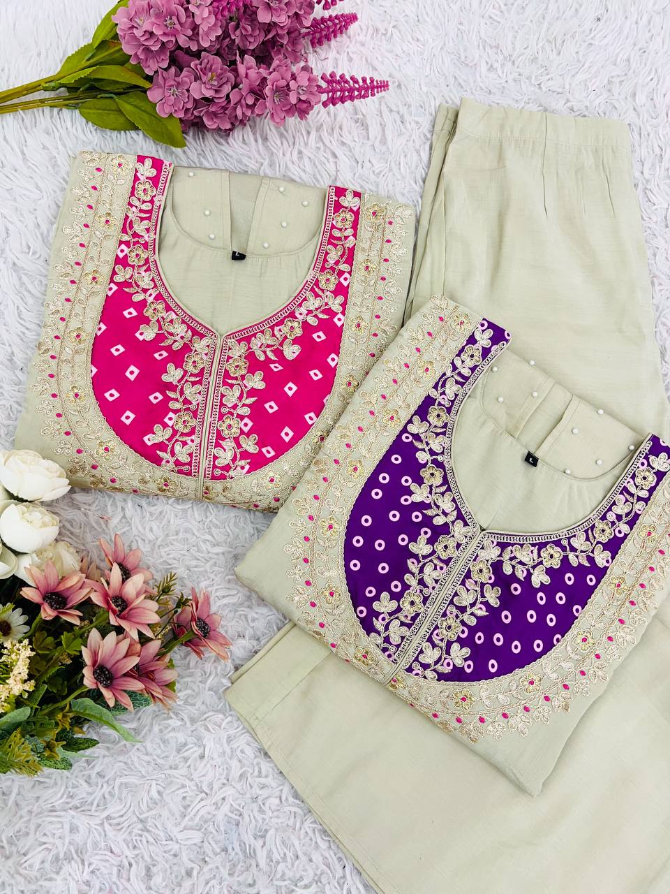 Elegant Off-White Embroidered Kurti with Purple Yoke & Sequin Detailing