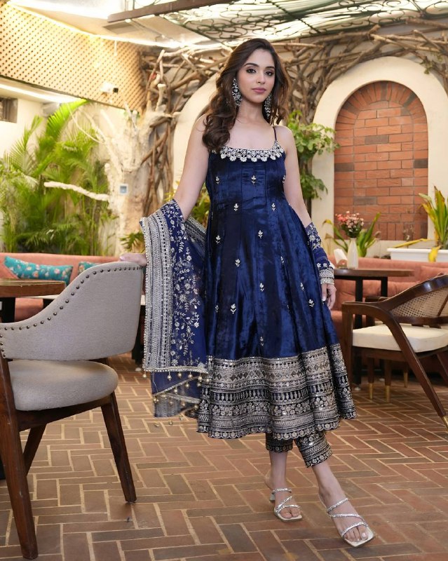 Women’s Designer Embroidered Anarkali Suit Set with Dupatta – Mustard, Navy Blue & Wine