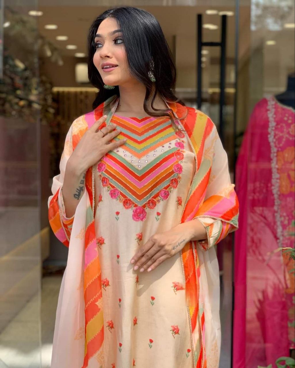 Pure Natural Crape Colorful Beautiful Design Kurta Set