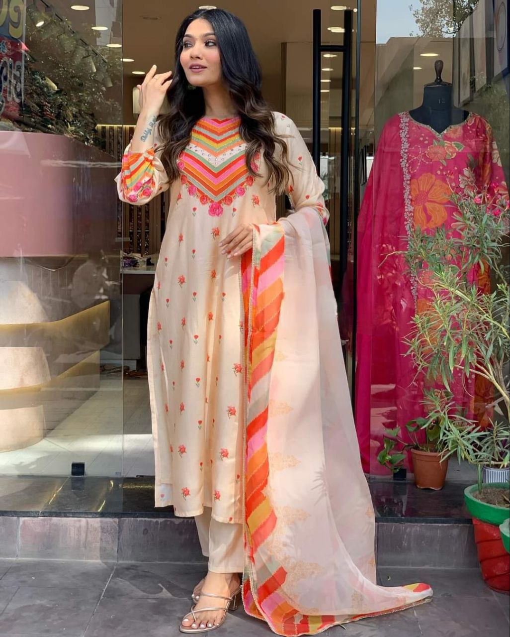 Pure Natural Crape Colorful Beautiful Design Kurta Set