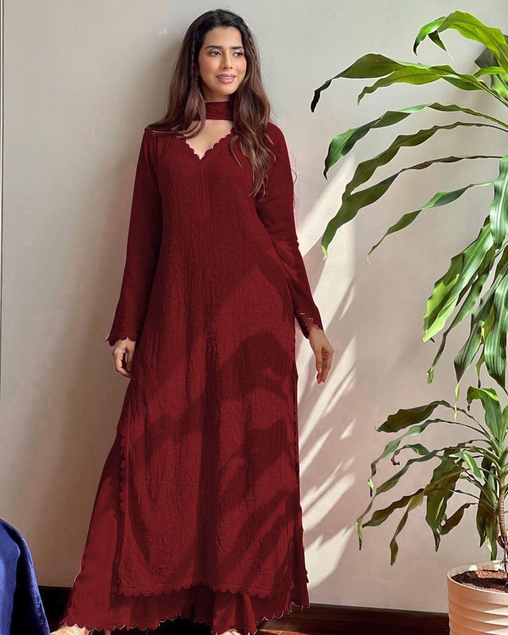 TRENDING FAUX GEORGETTE TOP COTTON THREAD EMBROIDERED WORK AND WORK PLAZO WITH DUPATTA