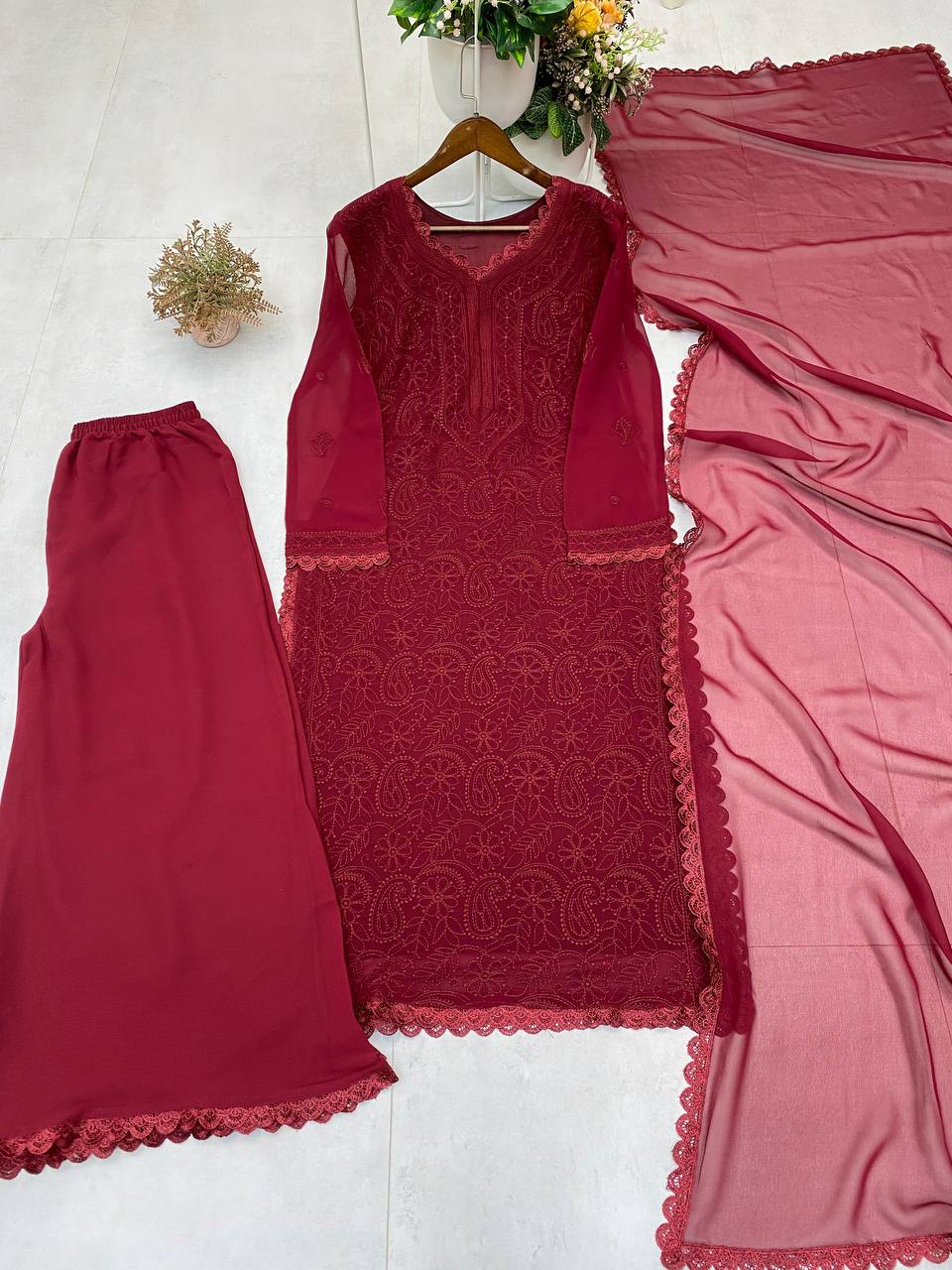 TRENDING FAUX GEORGETTE TOP COTTON THREAD EMBROIDERED WORK AND WORK PLAZO WITH DUPATTA