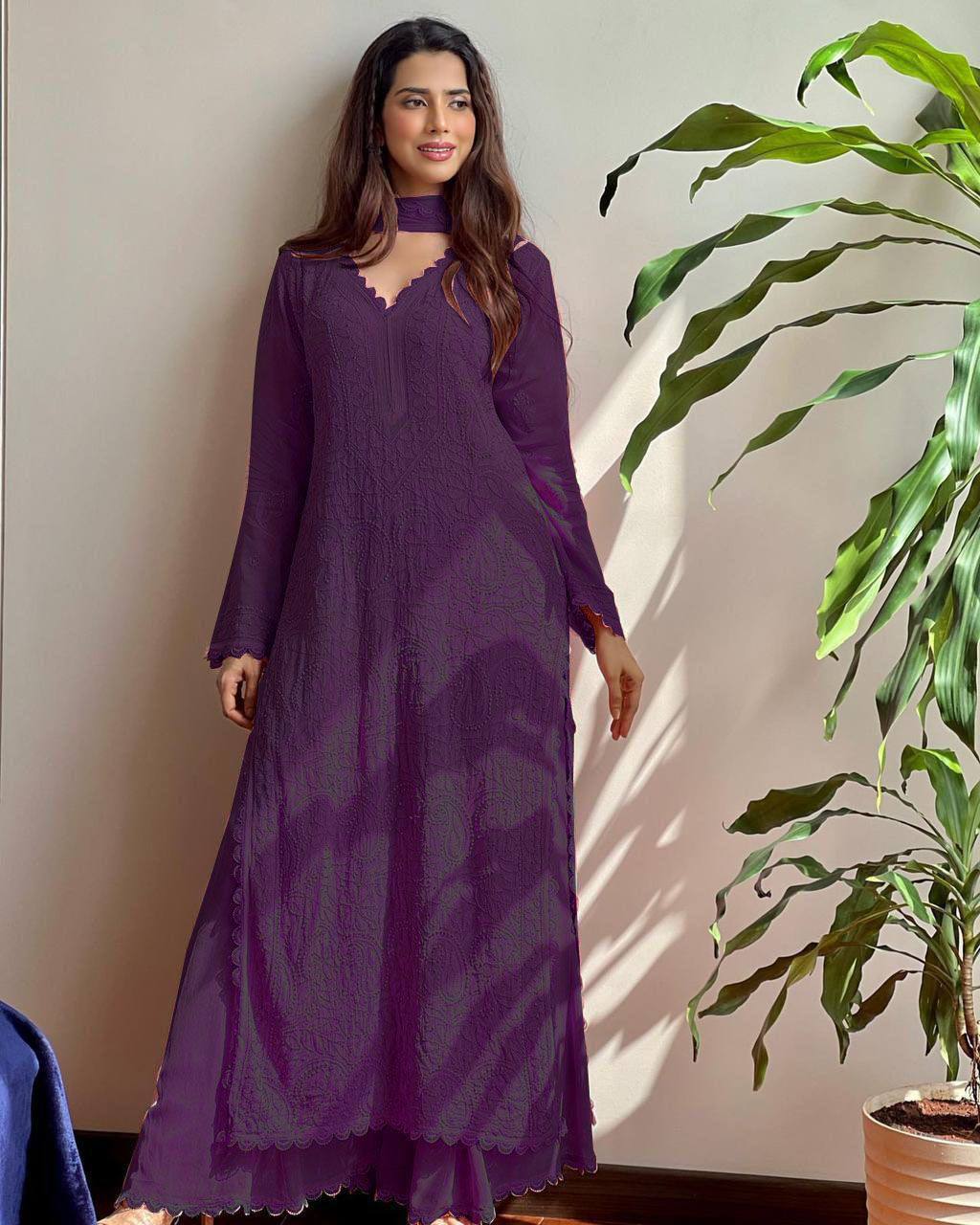 TRENDING FAUX GEORGETTE TOP COTTON THREAD EMBROIDERED WORK AND WORK PLAZO WITH DUPATTA
