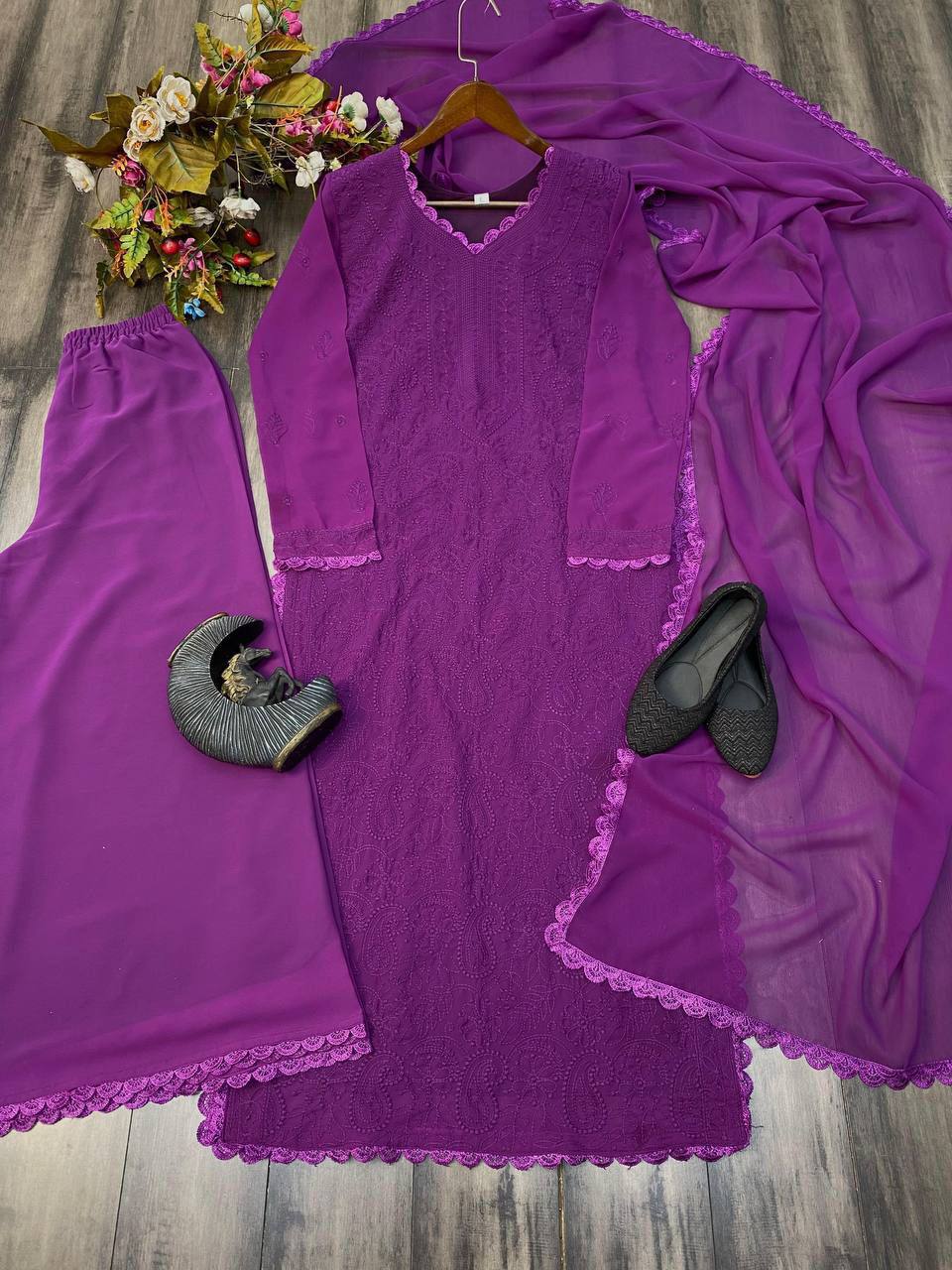 TRENDING FAUX GEORGETTE TOP COTTON THREAD EMBROIDERED WORK AND WORK PLAZO WITH DUPATTA