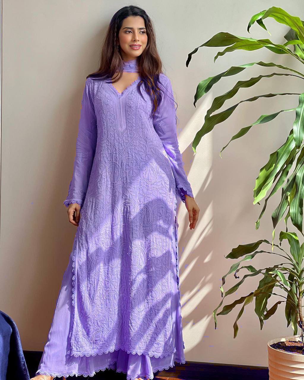 TRENDING FAUX GEORGETTE TOP COTTON THREAD EMBROIDERED WORK AND WORK PLAZO WITH DUPATTA