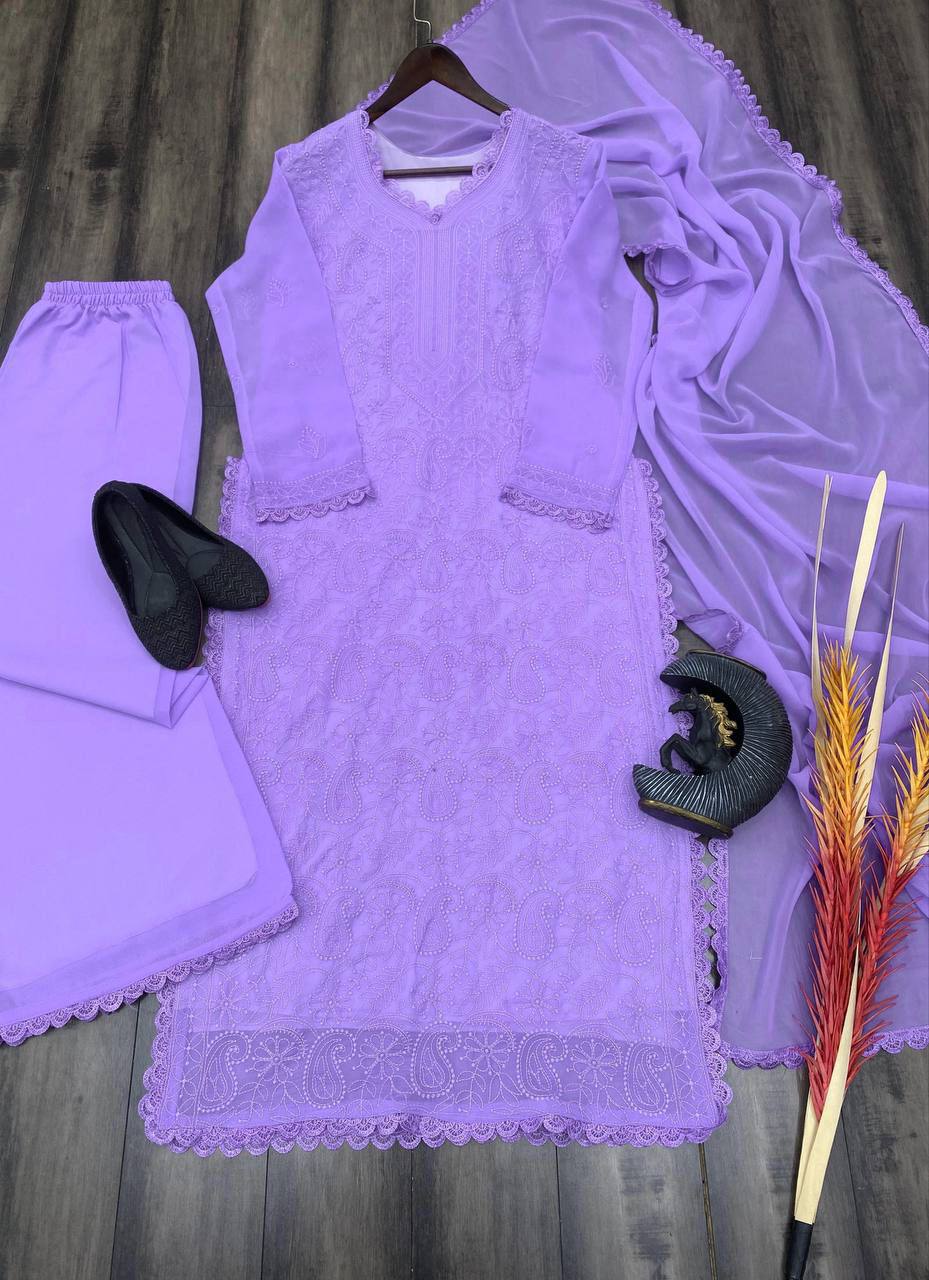 TRENDING FAUX GEORGETTE TOP COTTON THREAD EMBROIDERED WORK AND WORK PLAZO WITH DUPATTA