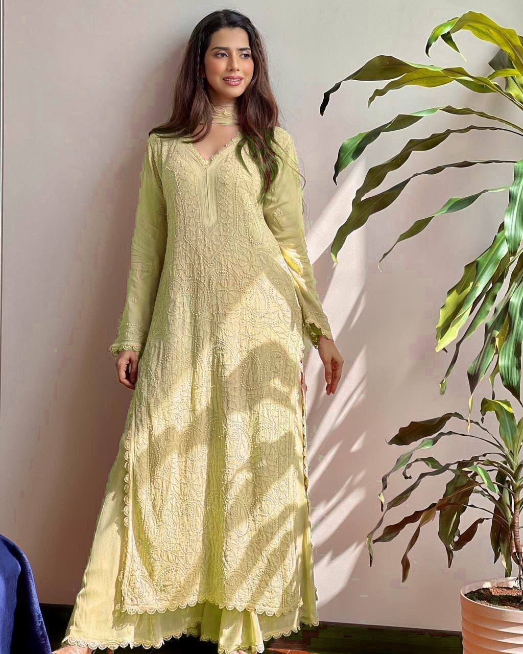 TRENDING FAUX GEORGETTE TOP COTTON THREAD EMBROIDERED WORK AND WORK PLAZO WITH DUPATTA