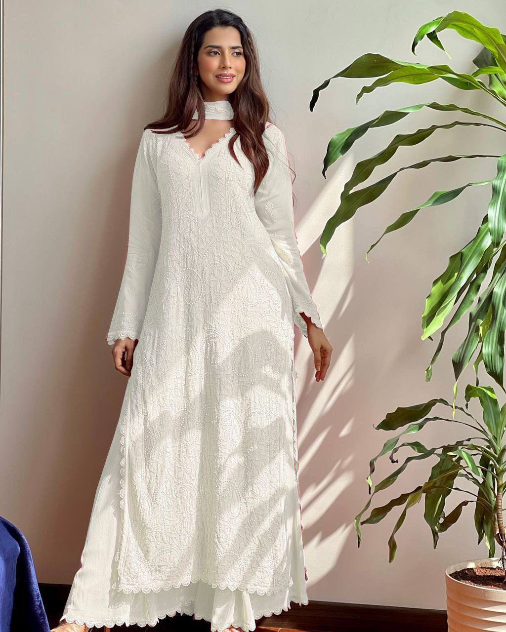 TRENDING FAUX GEORGETTE TOP COTTON THREAD EMBROIDERED WORK AND WORK PLAZO WITH DUPATTA