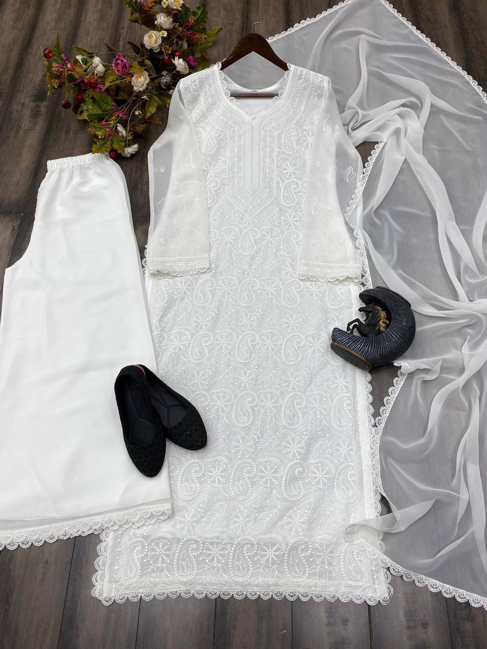 TRENDING FAUX GEORGETTE TOP COTTON THREAD EMBROIDERED WORK AND WORK PLAZO WITH DUPATTA