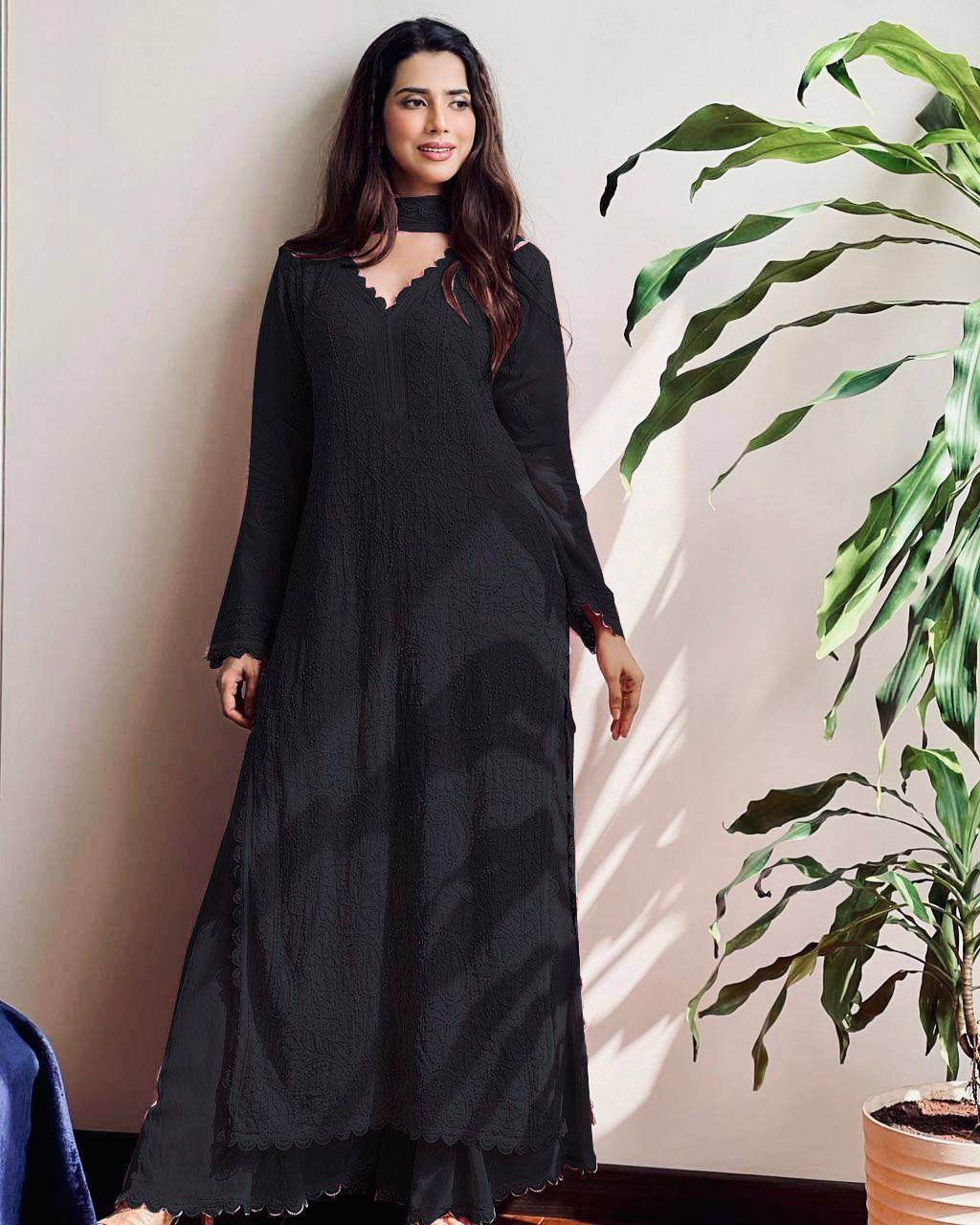 TRENDING FAUX GEORGETTE TOP COTTON THREAD EMBROIDERED WORK AND WORK PLAZO WITH DUPATTA