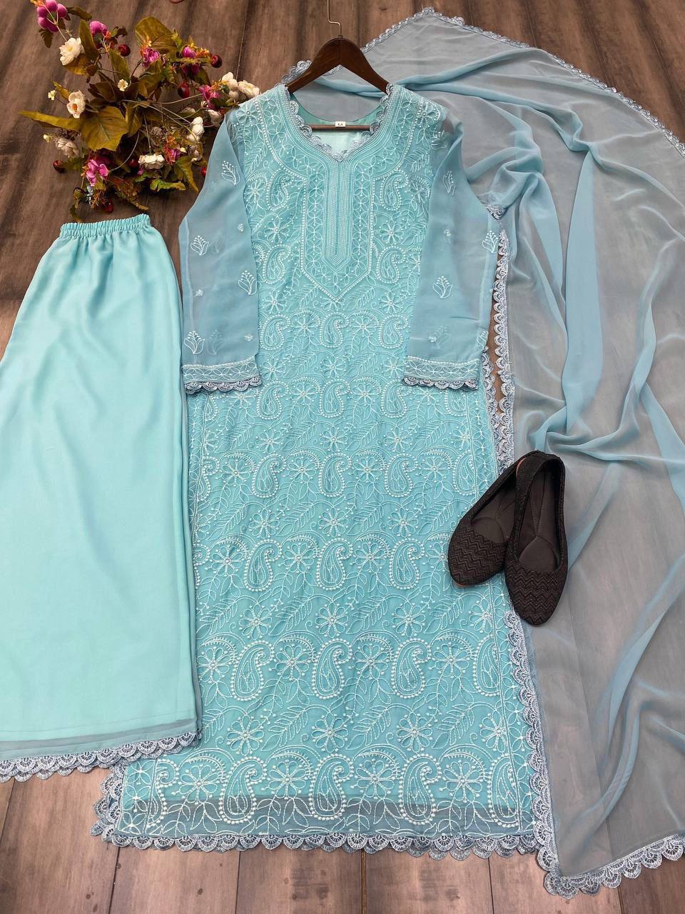 TRENDING FAUX GEORGETTE TOP COTTON THREAD EMBROIDERED WORK AND WORK PLAZO WITH DUPATTA