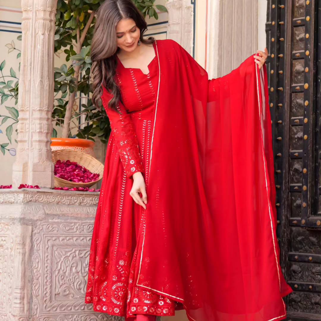 NOIR MAHAL – Antique RED Anarkali Ensemble