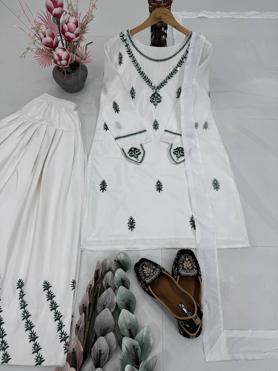 DESIGNER HEAVY NATURAL CREAP EMBROIDERY SEQUENCE WORK WITH FANCY TOP-PENT DUPATTA SET