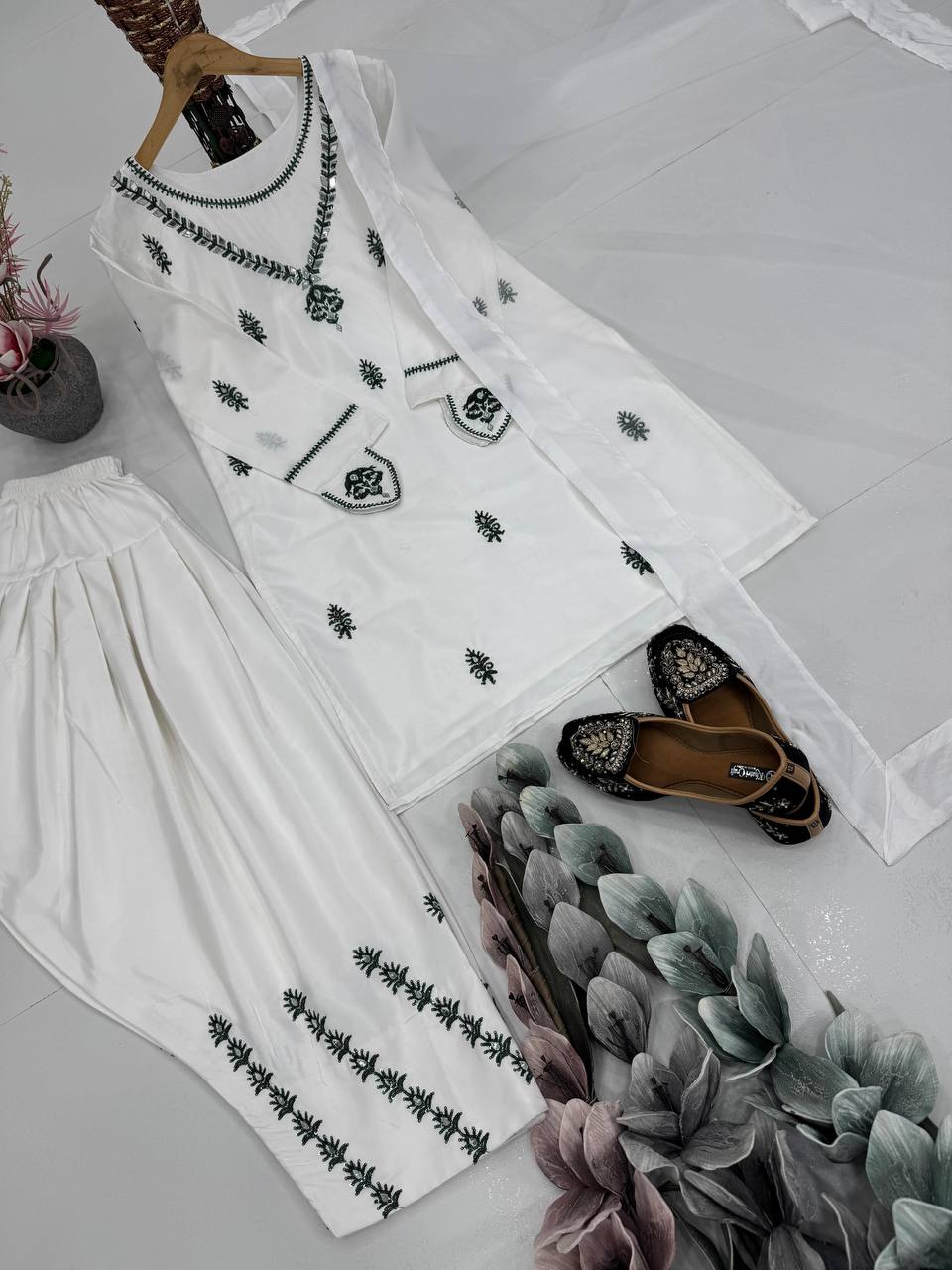 DESIGNER HEAVY NATURAL CREAP EMBROIDERY SEQUENCE WORK WITH FANCY TOP-PENT DUPATTA SET