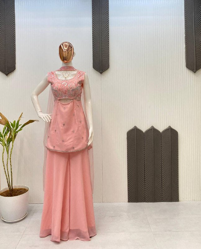 DESIGNER WEAR INDO WESTERN PAIR IN THREE PIECE WITH SEQUENCE EMBROIDERY WORK
