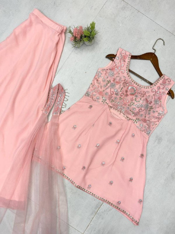 DESIGNER WEAR INDO WESTERN PAIR IN THREE PIECE WITH SEQUENCE EMBROIDERY WORK