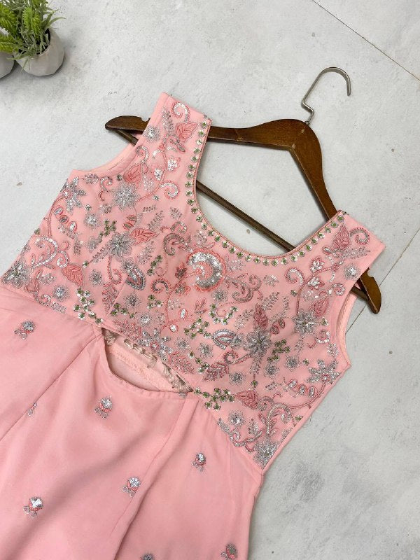 DESIGNER WEAR INDO WESTERN PAIR IN THREE PIECE WITH SEQUENCE EMBROIDERY WORK
