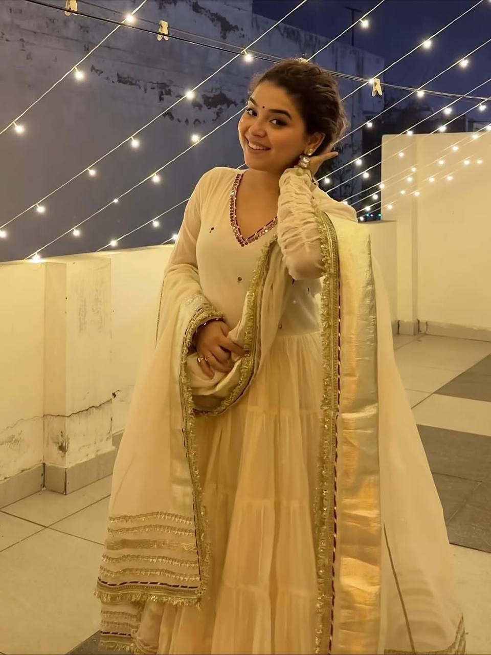 Premium Ivory Anarkali Dress with Golden Border Detailing