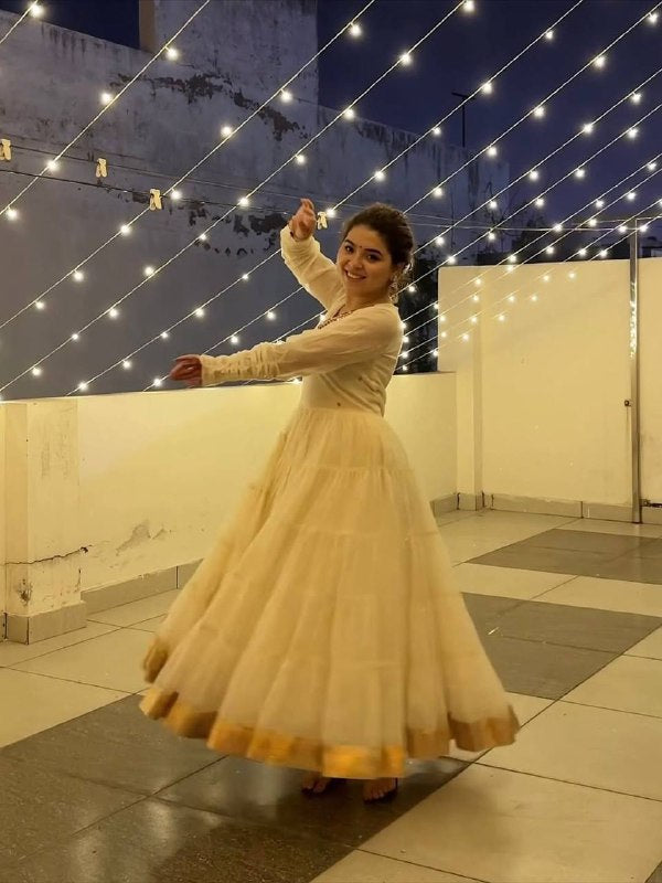 Premium Ivory Anarkali Dress with Golden Border Detailing