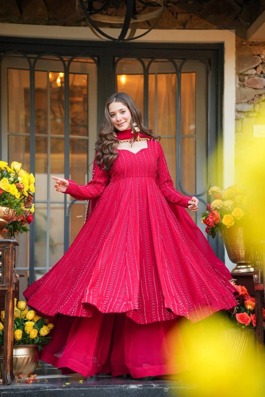 Deep Red Embroidered Anarkali Set with Palazzo and Dupatta