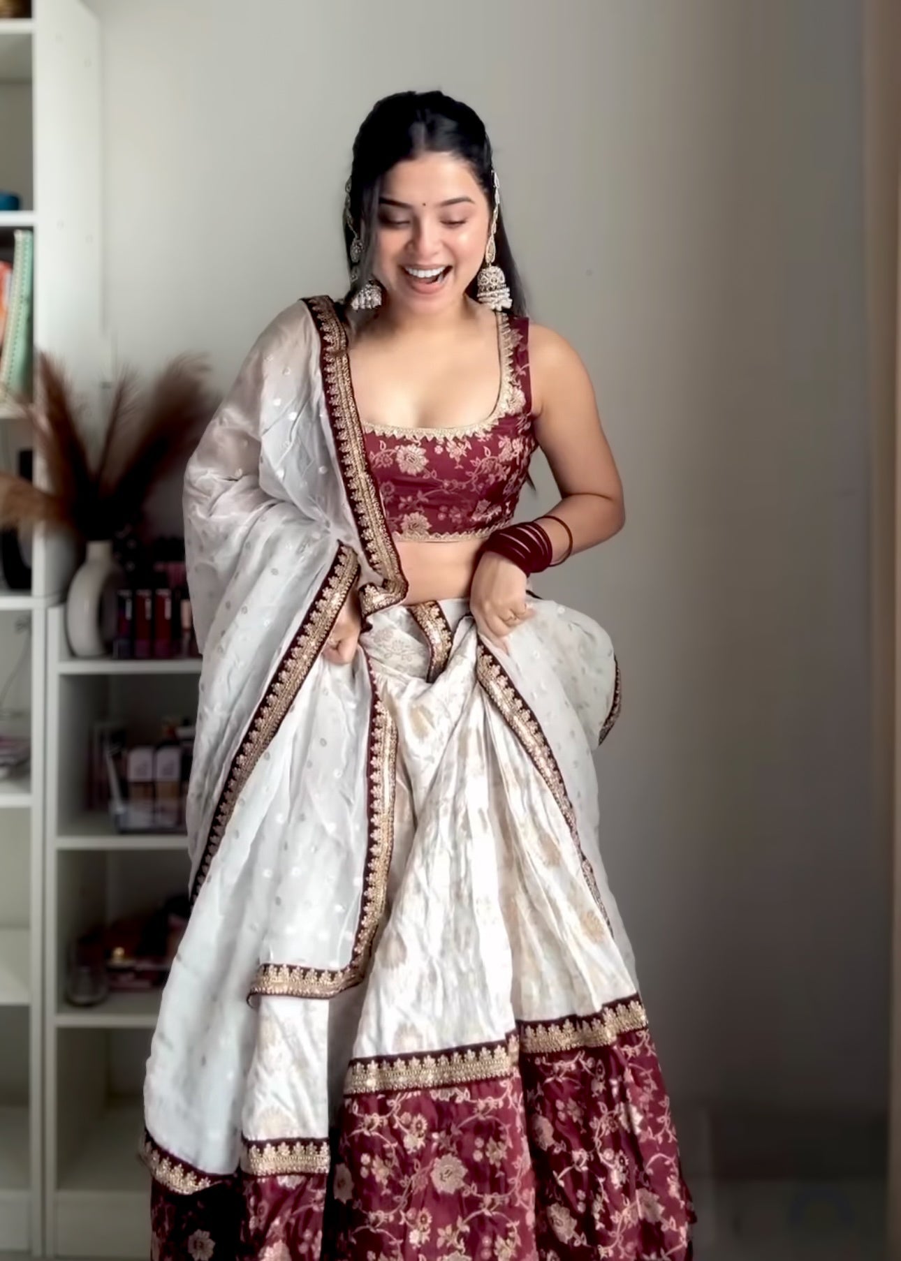 Festive Special White and maroon silk lehenga set