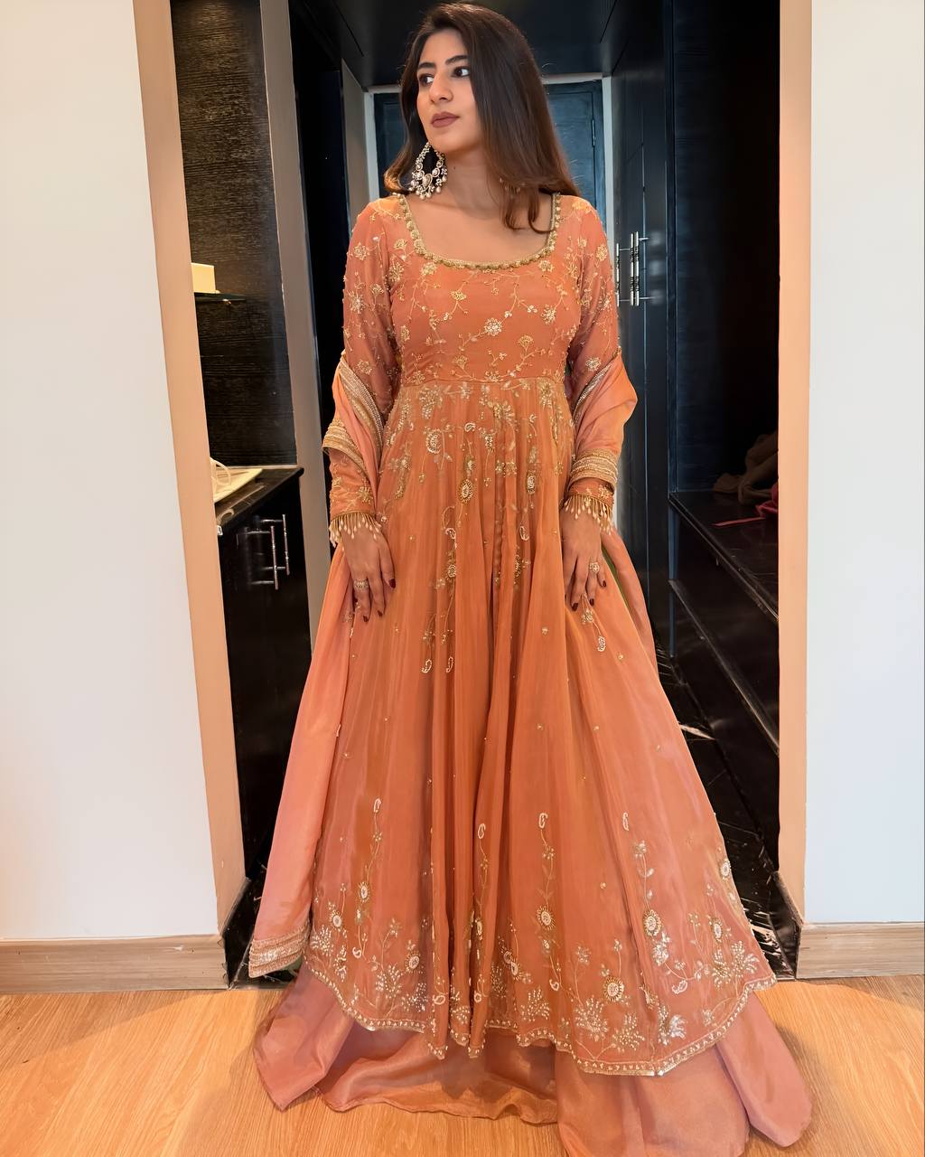 Royal Peach Flared Anarkali with Premium Embroidery