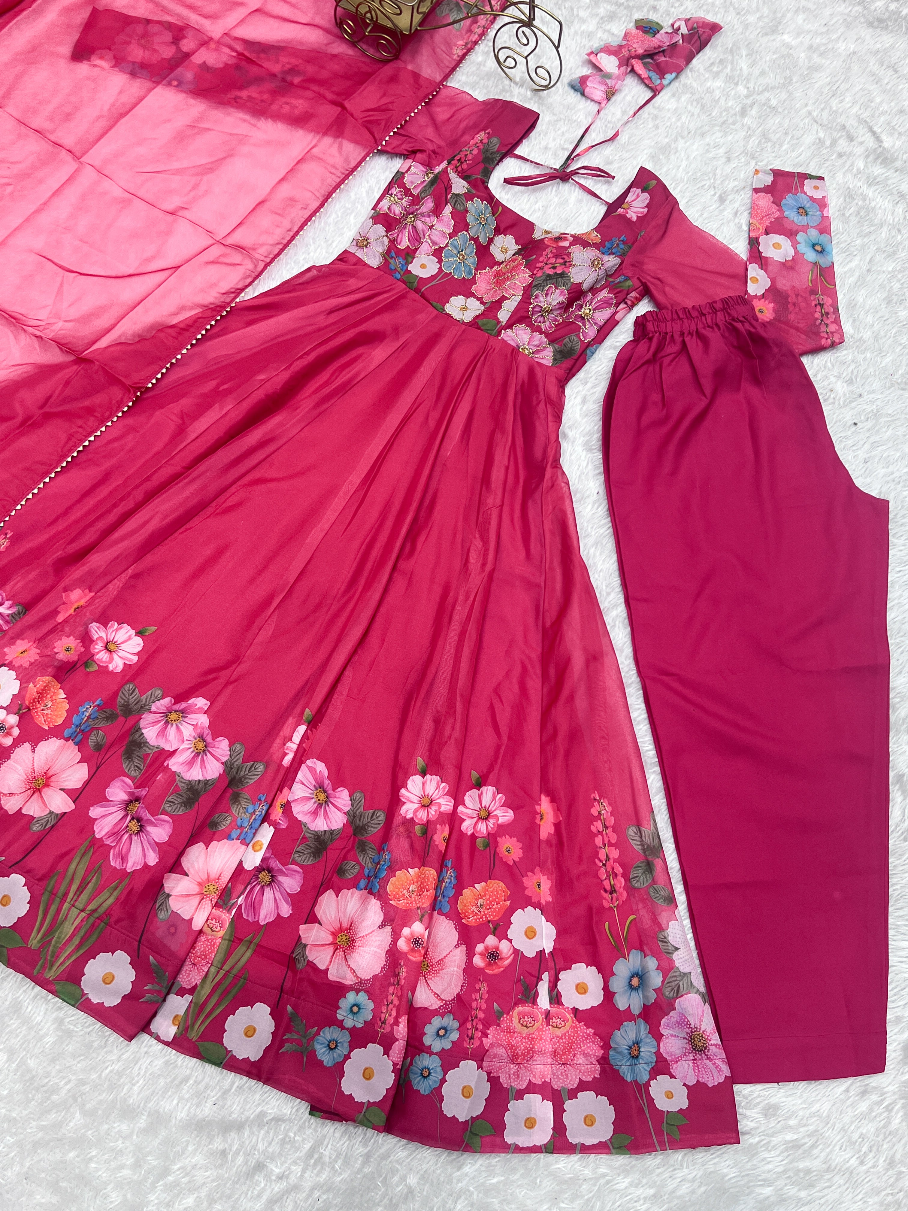 Floral SOFT ORGANJA SILK FABRIC FULLY FLAIR KALI PATTERN AND CANVAS PATTA