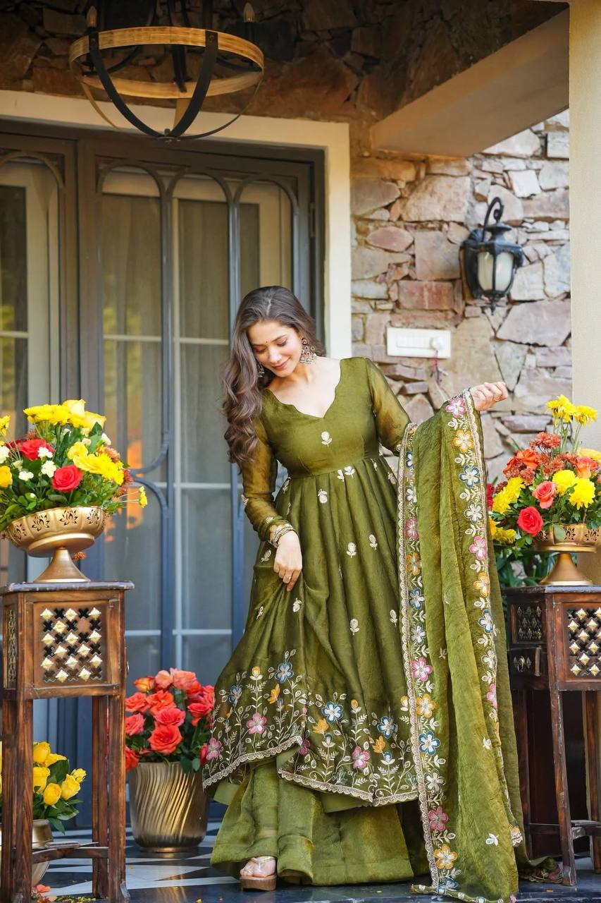 Mehendi Green Floral Embroidered Anarkali Suit